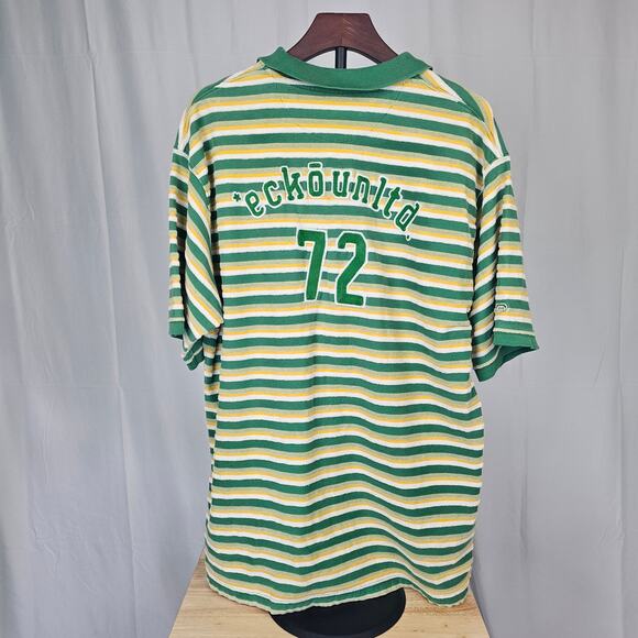 Vintage Y2K Ecko Unltd Shag Polo Shirt Green Yellow White Stripe XL Logo 72 - Picture 4 of 4